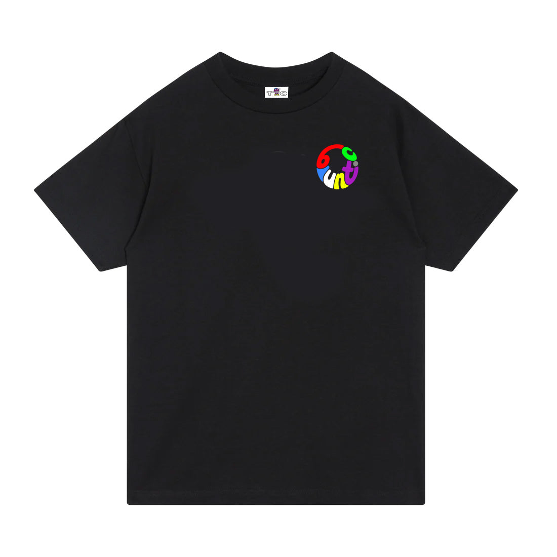 100% Cotton Tee with multi-color dtf pressed logo 